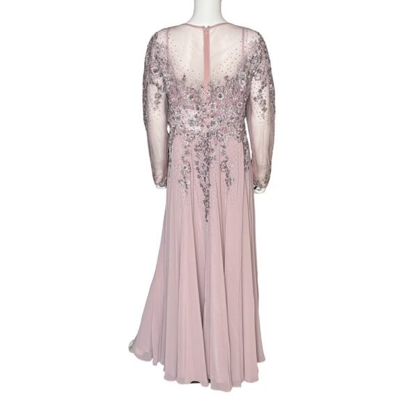 Mac Duggal High Neck Mesh Long Sleeve Embellished A Line Gown 20478 Womens Sz 14 - Picture 7 of 10